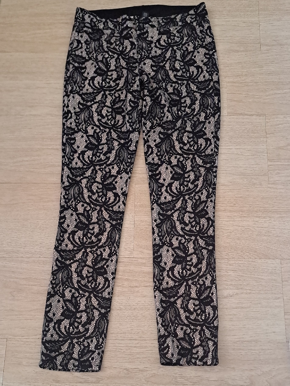 INC International Concepts Black and Cream Lace-Print Skinny Pants